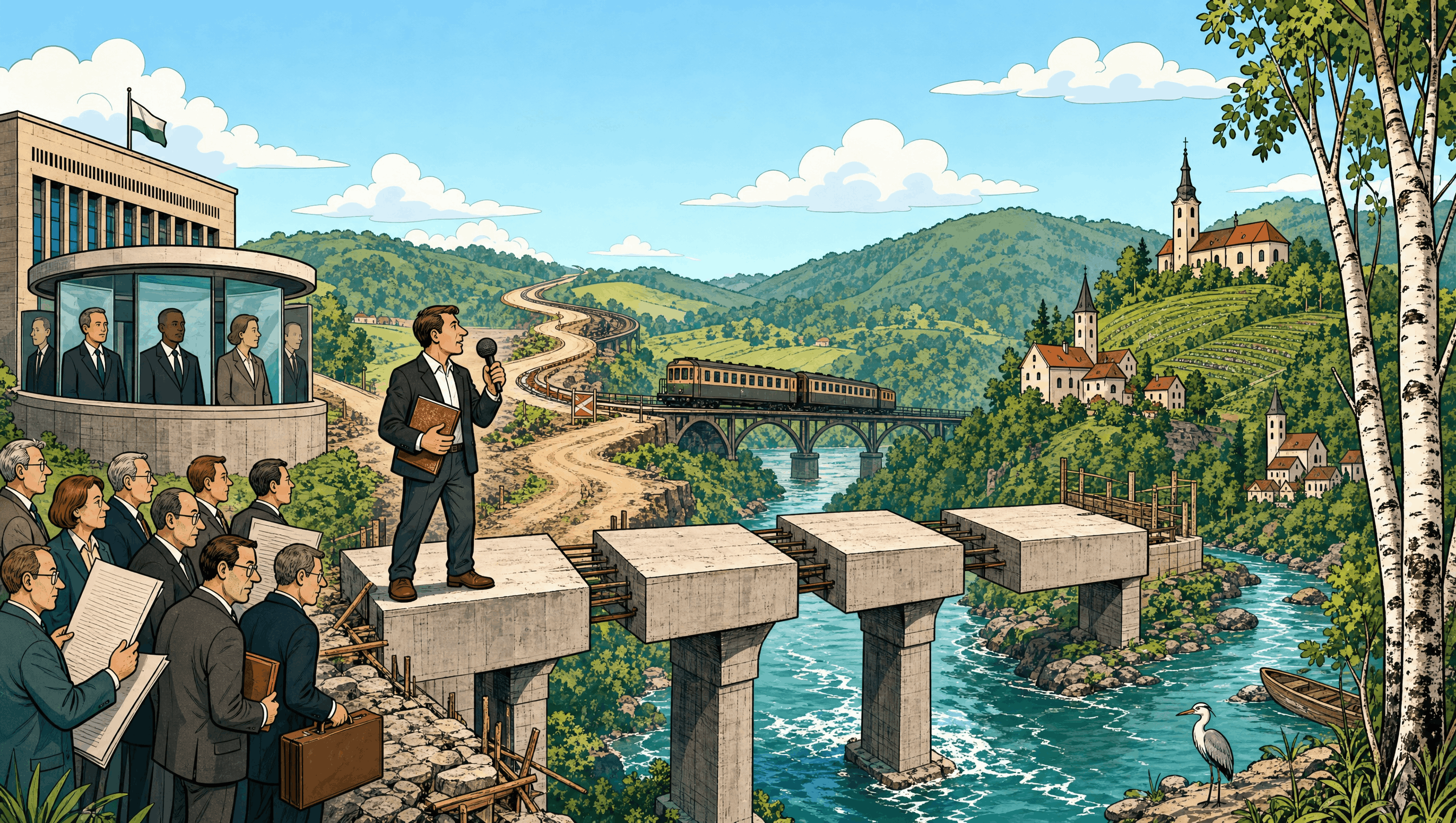 Ilustracija poslanca z mikrofonom pred nedokončanim mostom v Beli krajini; v ozadju vlak, reka in pokrajina.